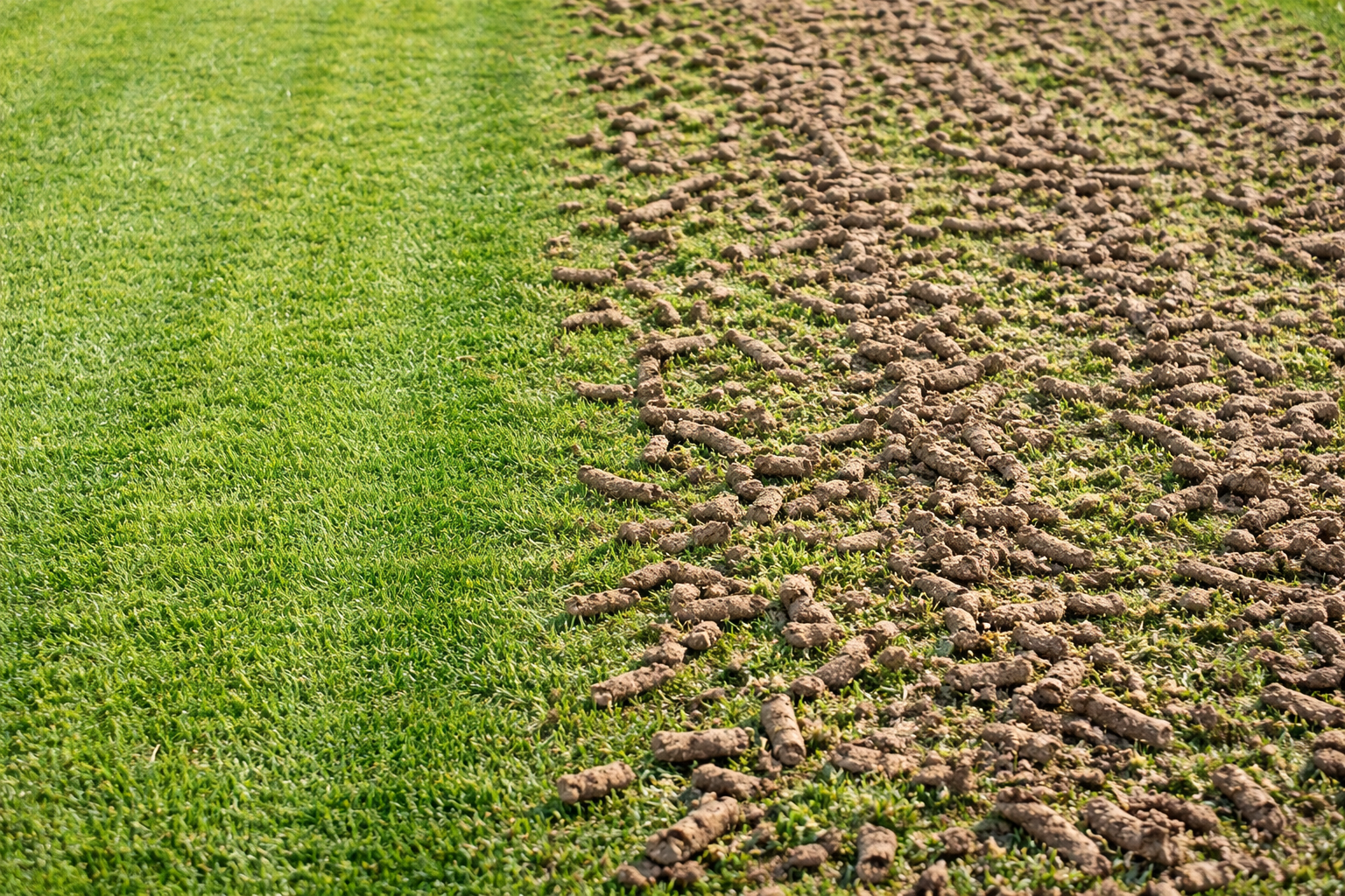 Freshly aerated lawn in Central Minnesota showing soil plugs scattered across green grass after core aeration service.