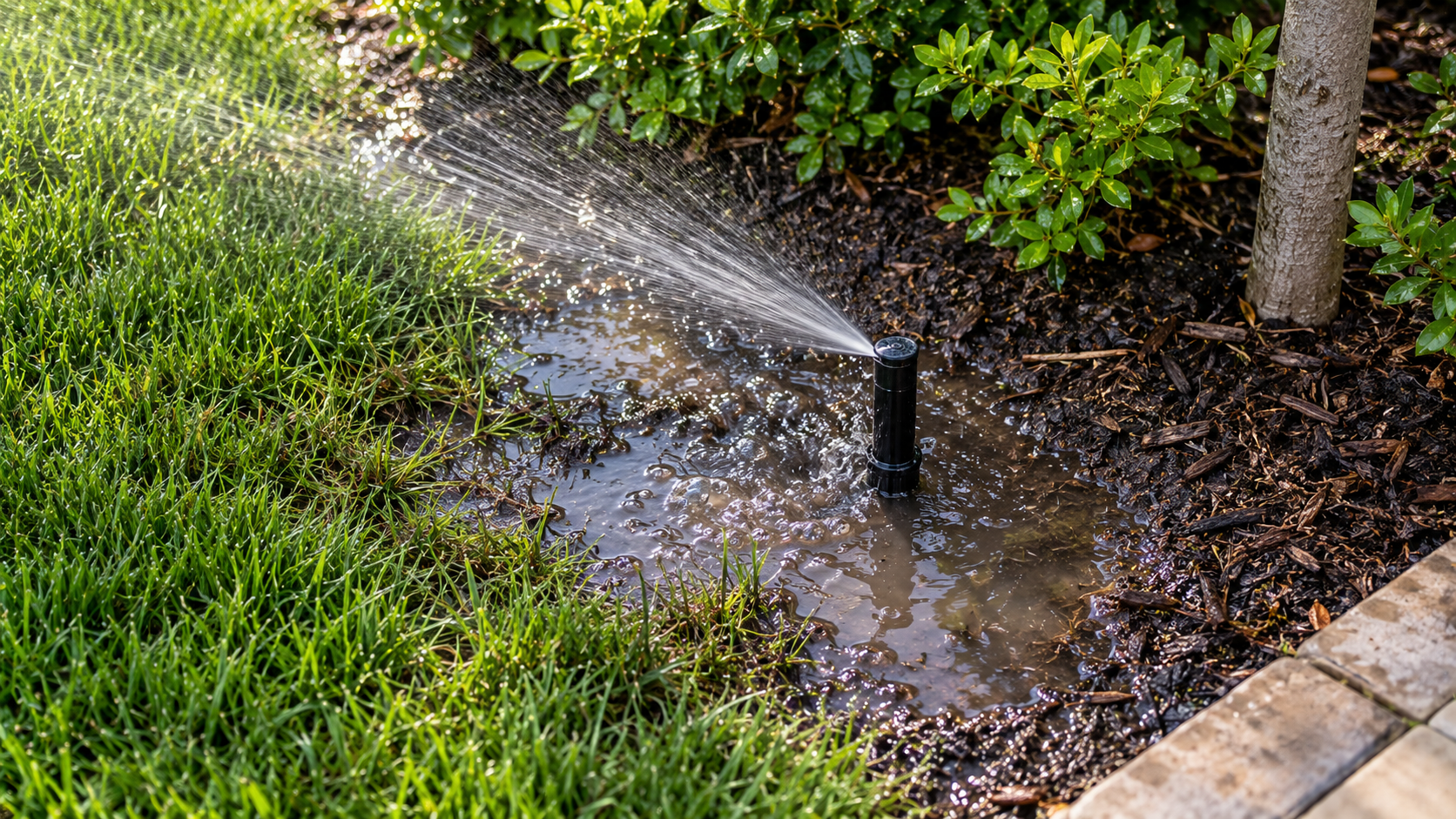 Sprinkler head continues spraying as water pools around it, leaving the surrounding lawn, mulch, and soil visibly saturated.