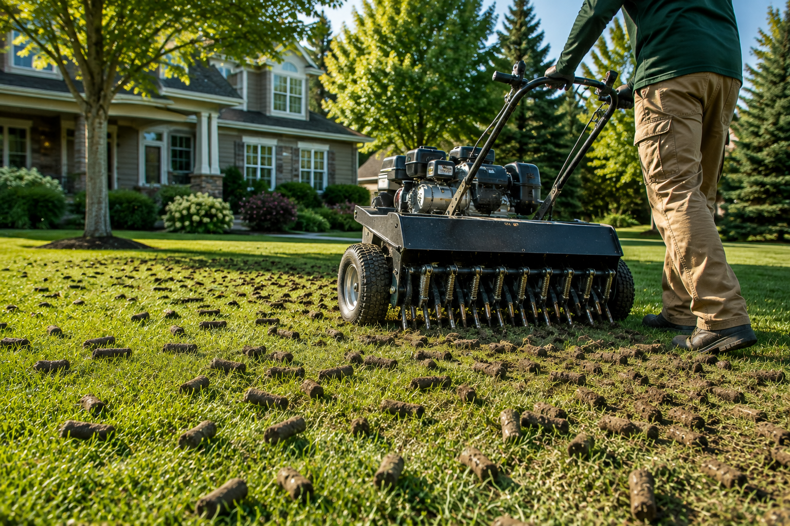 Professional lawn care technician operates a commercial core aerator across a Minnesota residential lawn, leaving visible soil plugs that help relieve compaction and prepare the grass for fall overseeding.