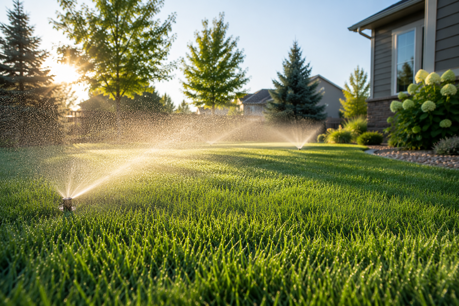 Early morning irrigation waters a lush Kentucky bluegrass lawn at a well-maintained Minnesota home. Automatic sprinklers evenly spray the healthy green grass as the rising sun creates a soft golden glow across the backyard, highlighting a landscaped garde