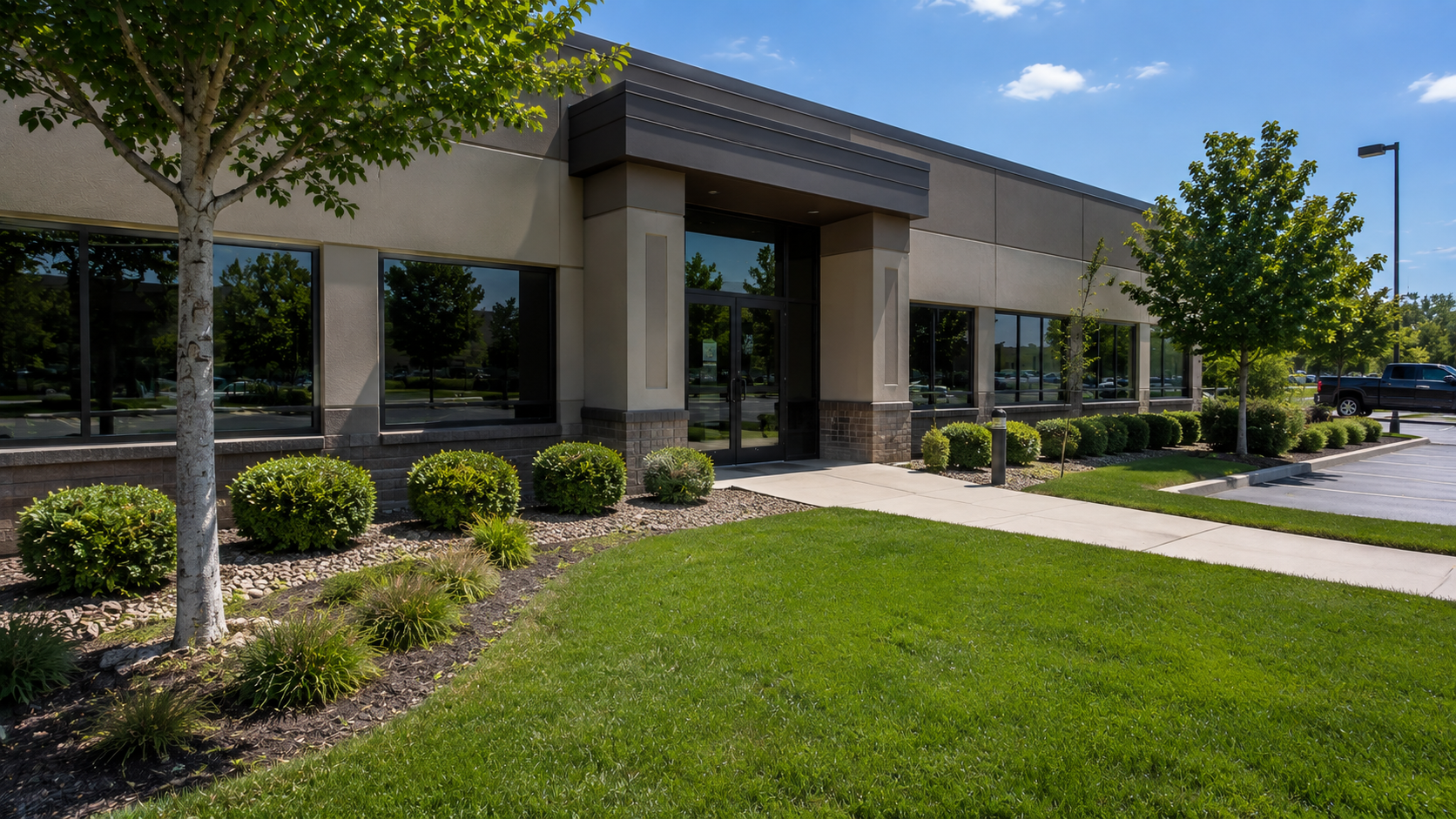 Commercial office property with a green lawn, trimmed shrubs, landscaped garden beds, mature trees, and a sidewalk leading to the main entrance.